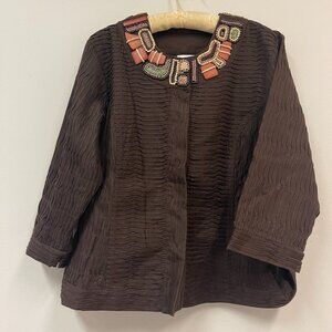 Chico's Women's Beaded Blazer Jacket Size 2 Brown Artsy Wearable Art Workwear